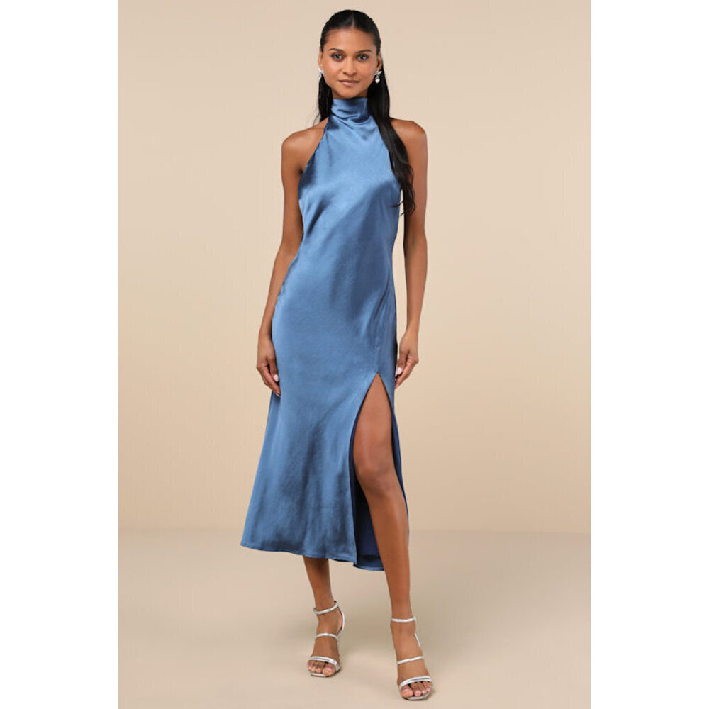 Lulus Exceptional Status Blue Halter Backless Slip Midi Dress - Size L